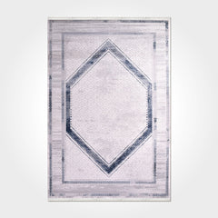 Grey Cotton Area Rug - Machine Made Frame Design Rug | Washable Non Slip Floor Carpet