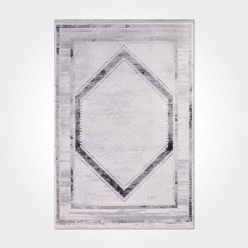 Grey Area Rug - Machine Made Rug With Frame Design, Anti Slip & Washable