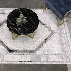 Grey Area Rug - Machine Made Rug With Frame Design, Anti Slip & Washable