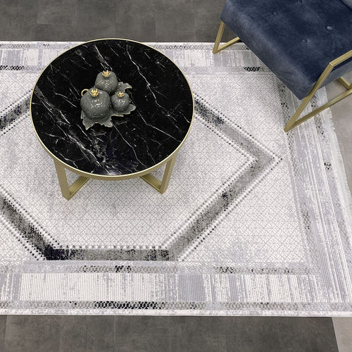 Grey Area Rug - Machine Made Rug With Frame Design, Anti Slip & Washable