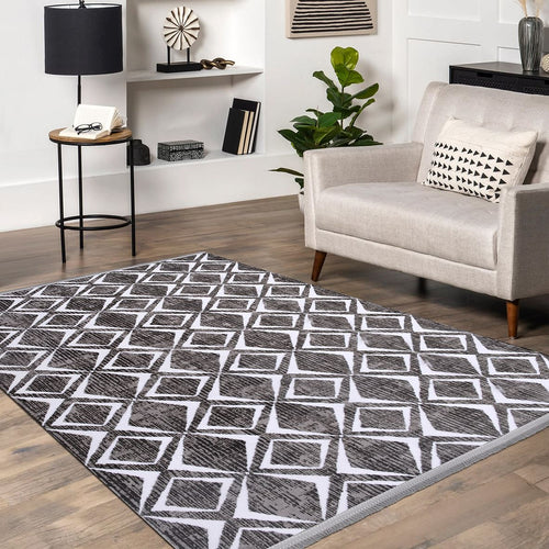 Geometric Cotton Area Rug – Machine Made Low Pile Grey Latex Backing Rug