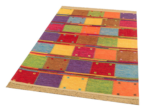 Orange Geometric Kilim Washable Non Slip Rug - Flatweave Traditional Patterned Carpet