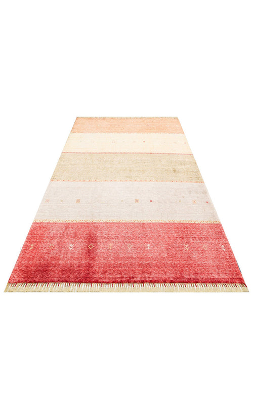 Handmade Viscose Rug - Red Striped Flatweave Carpet with Geometric Pattern