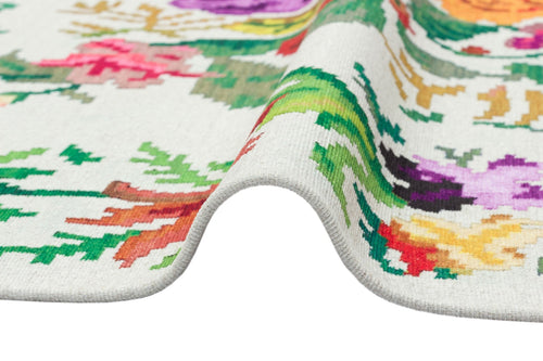 White Floral Kilim Washable Non Slip Rug – Soft Texture Carpet With Anti Slip Mat