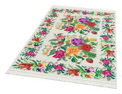 White Floral Kilim Washable Non Slip Rug – Soft Texture Carpet With Anti Slip Mat