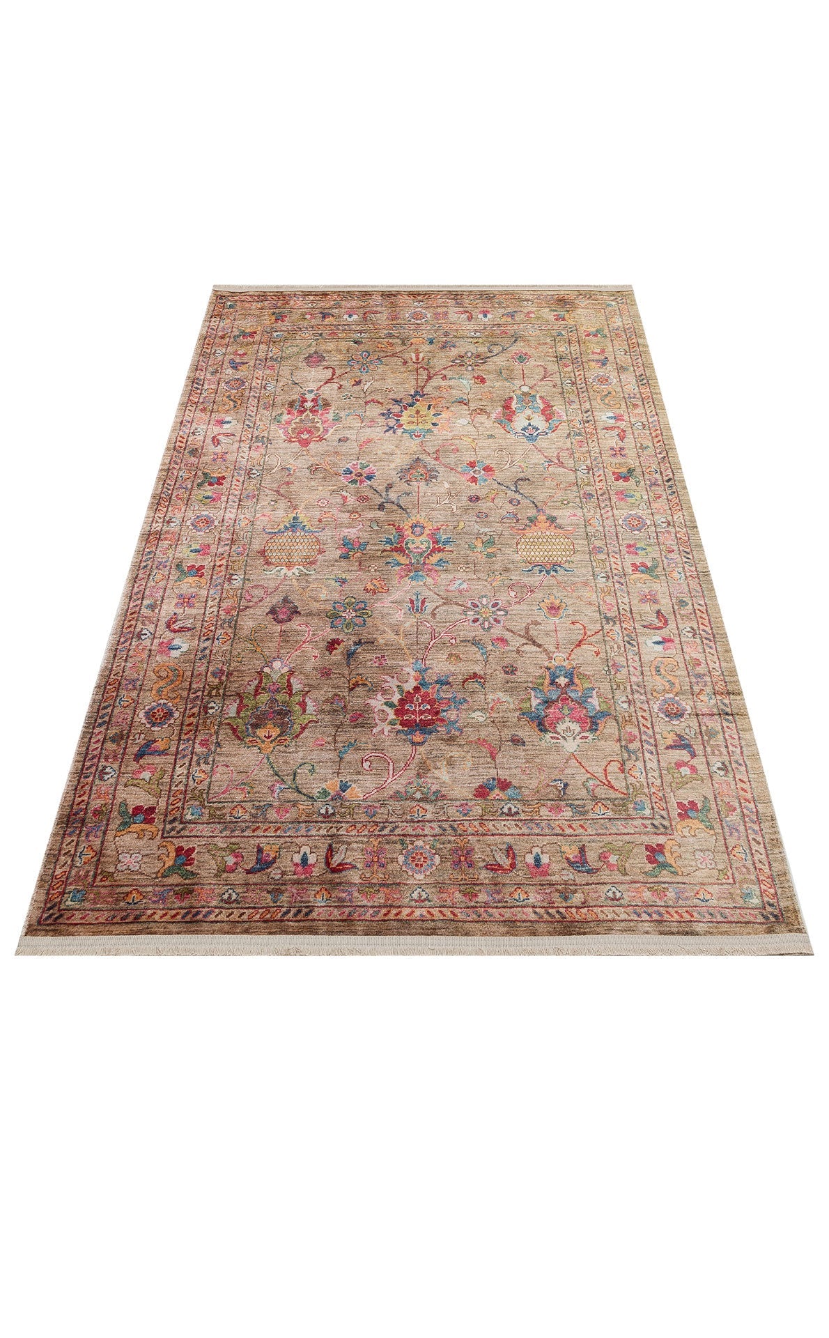 Vintage Cotton Area Rug - Beige Machine Made Rug With Antique Pattern