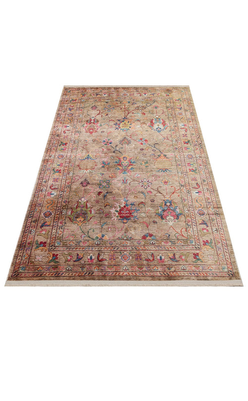 Vintage Cotton Area Rug - Beige Machine Made Rug With Antique Pattern