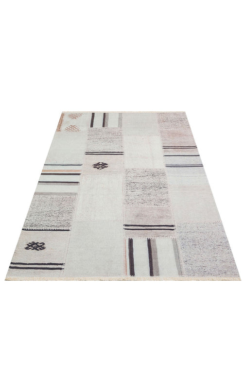 Patchwork Area Rug - Machine Made White Kilim Rug | Washable Non Slip Flatweave Carpet