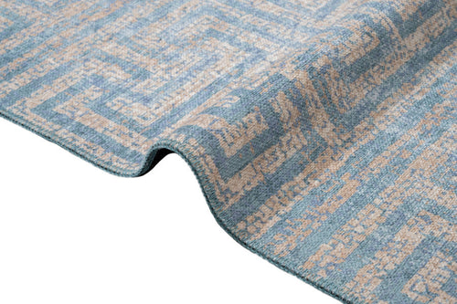 Blue Geometric Area Rug – Washable Cotton Chenille Carpet for Living Room