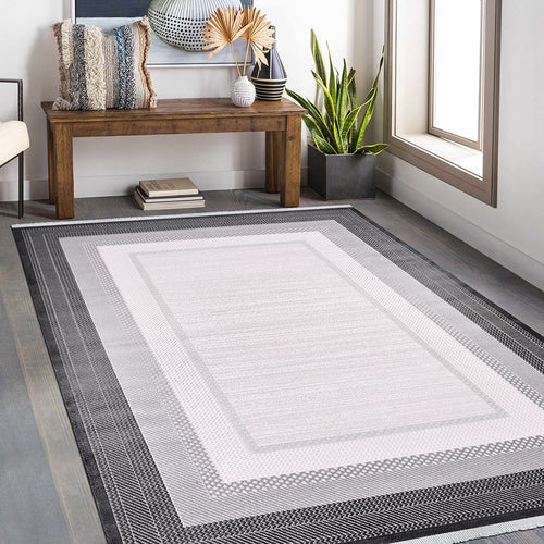 Machine Made Area Rug – Kimberly Grey Frame Rug With 10 mm Pile & Overlocked Edge
