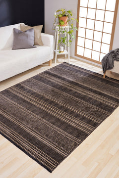 Machine Made Area Rug – Anthracite Geometric Cotton Yarn Carpet for Living Room
