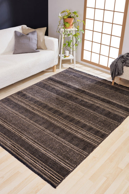 Machine Made Area Rug – Anthracite Geometric Cotton Yarn Carpet for Living Room