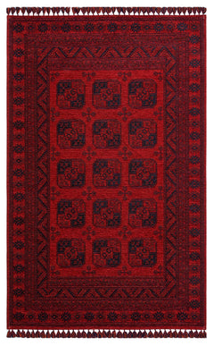 Red Afghan Washable Carpet - Non Slip Fine Woven Area Rug With Geometric Design