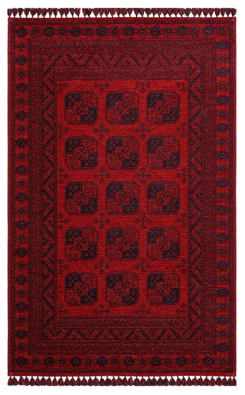 Red Afghan Washable Carpet - Non Slip Fine Woven Area Rug With Geometric Design