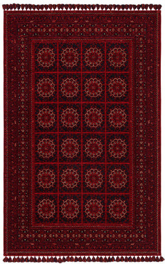 Afghan Washable Carpet - Red Non Slip Rug with Antibacterial Patterned Pile