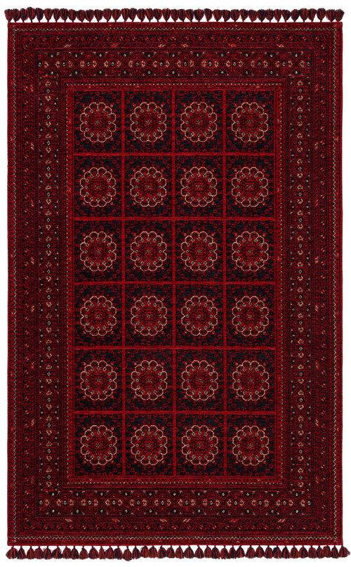 Afghan Washable Carpet - Red Non Slip Rug with Antibacterial Patterned Pile