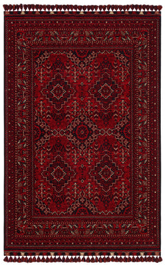 Afghan Washable Carpet - Red Area Rug Non Slip Fine Woven Geometric Patterned