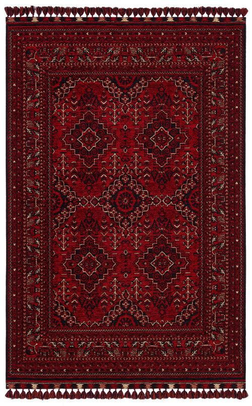 Afghan Washable Carpet - Red Area Rug Non Slip Fine Woven Geometric Patterned