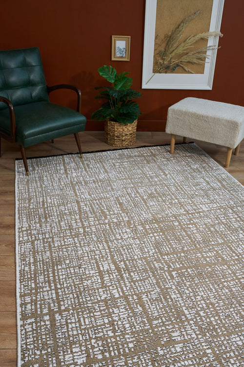 Beige Geometric Area Rug – Machine Made Rug with Cotton Yarn Carpet for Living Room