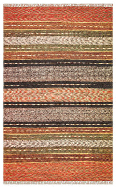 Cotton Washable Kilim – Orange Striped Rug | Fluff Resistant, Double Sided Mat