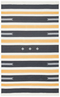 Yellow Striped Cotton Kilim - Washable Double Sided Modern Woven Rug