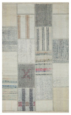Patchwork Area Rug – Machine Made Grey Kilim Rug with Soft Texture Carpet