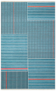 Blue Striped Kilim Rug – Modern Patterned Washable Area Rug with Soft Texture