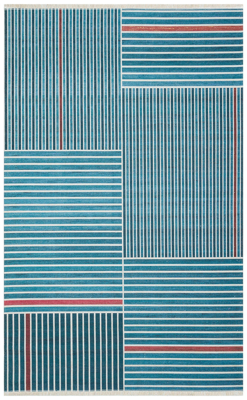 Blue Striped Kilim Rug – Modern Patterned Washable Area Rug with Soft Texture