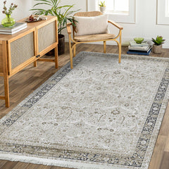 Grey Viscose Area Rug - Machine Made Rug With Frame Design, 7mm Pile Height