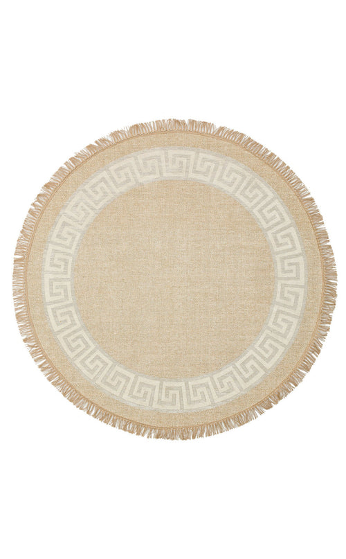Round Cotton Kilim - Beige Geometric Modern Kilim Carpet | Non Slip Flatweave Rug