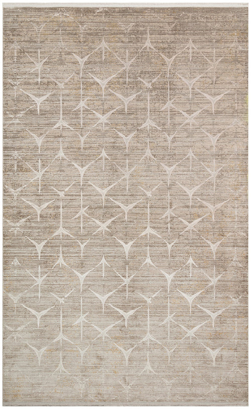 Beige Geometric Area Rug - Machine Made Rug With High Low Carved Design