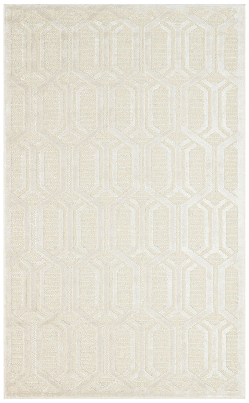 Cream Wool Area Rug - Geometric Machine Made Carpet With Soft Textured Wool