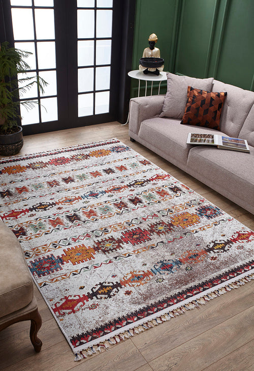 Geometric Area Rug – Cream Digital Print Carpet | Non Slip, Antibacterial Floor Rug