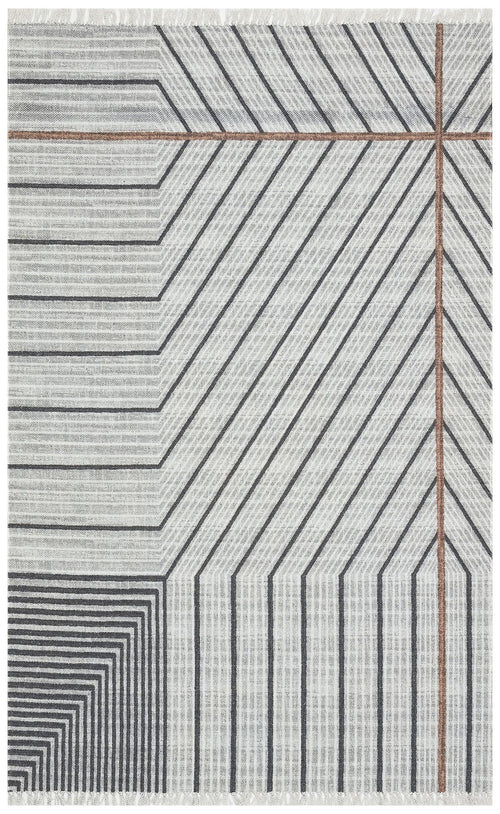 Washable Cotton Kilim - Grey Geometric Double Sided Flatweave Rug With Jute Straw Look