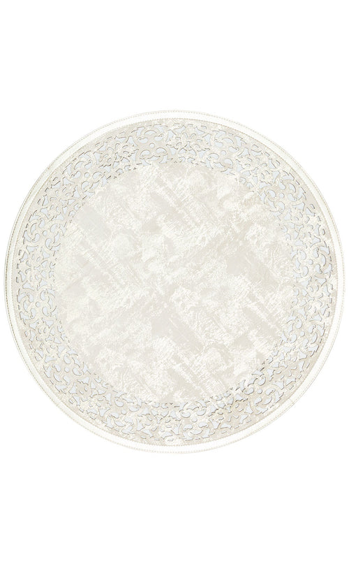 Modern Carved Leather Carpet | Shiny Bordered Beige Gold Round Rug