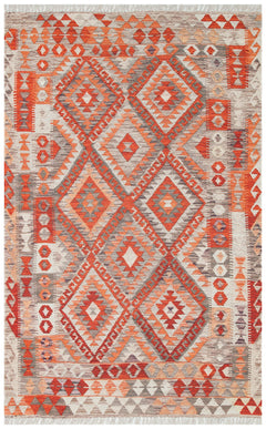 Washable Cotton Kilim - Orange Geometric Double Sided Rug With Jute Straw Look