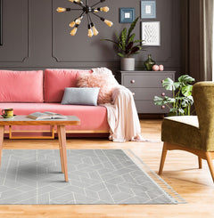 Grey Geometric Area Rug - Modern Machine Made Carpet With Ethnic Pattern Design