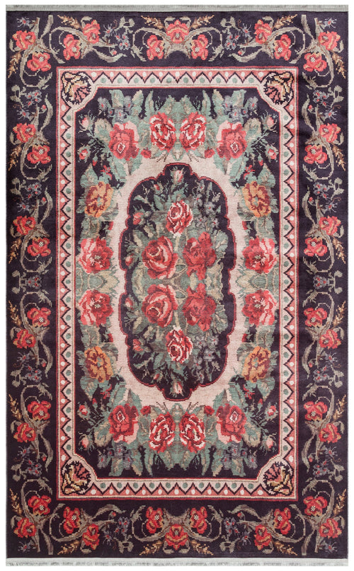 Ternitz Black Floral Cotton Machine Made Area Rug
