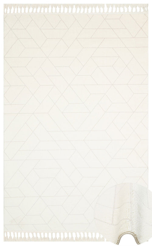 White Geometric Rug – Modern Area Rug With Ethnic Pattern, Soft Textured Carpet