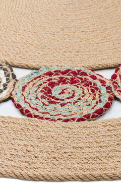 Round Jute Rug - Beige Geometric Pattern Knitted Jute Carpet, Soft Texture