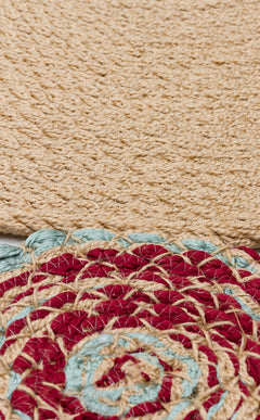 Round Jute Rug - Beige Geometric Pattern Knitted Jute Carpet, Soft Texture