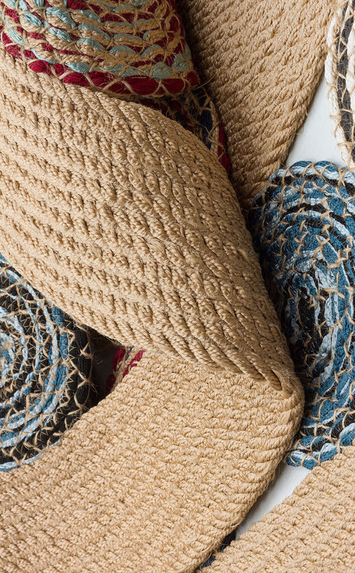 Round Jute Rug - Beige Geometric Pattern Knitted Jute Carpet, Soft Texture