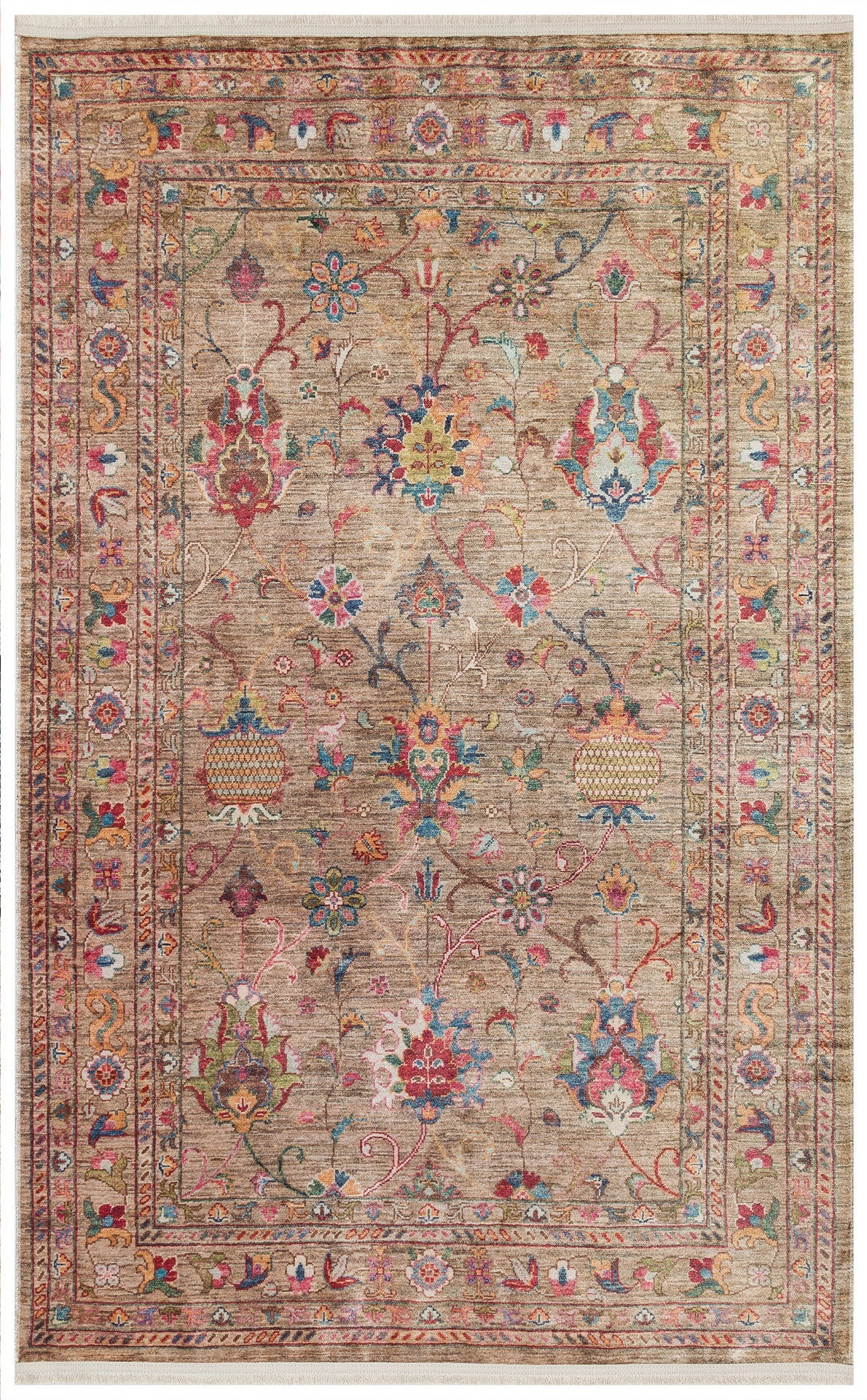 Vintage Cotton Area Rug - Beige Machine Made Rug With Antique Pattern