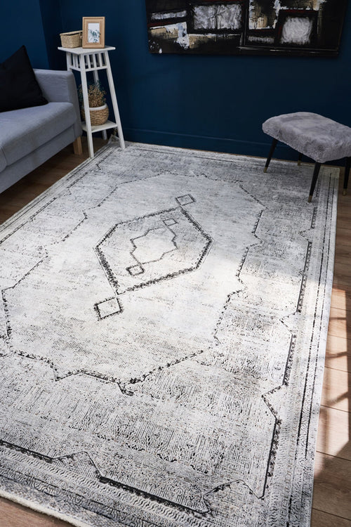 Grey Bamboo Area Rug – Machine Made Antislip Carpet With Grey Frame For Living Room
