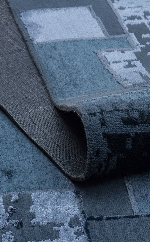 Blue Patchwork Area Rug - Machine Made Washable Non Slip Modern Carpet