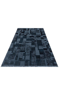 Blue Patchwork Area Rug - Machine Made Washable Non Slip Modern Carpet