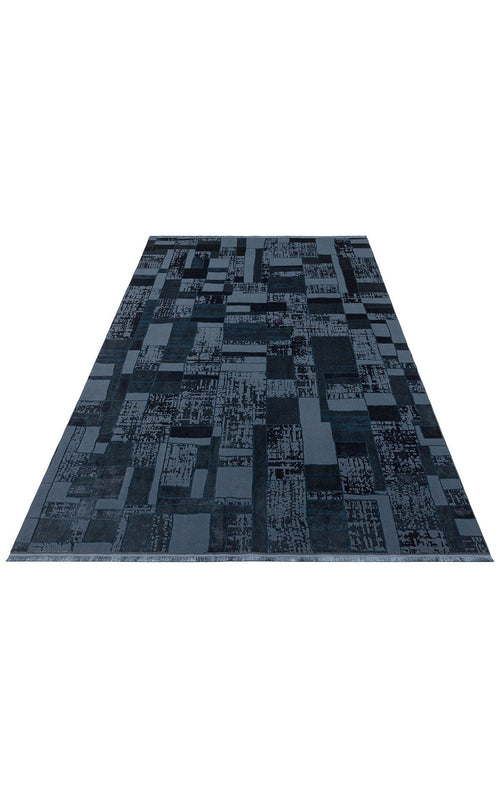 Blue Patchwork Area Rug - Machine Made Washable Non Slip Modern Carpet