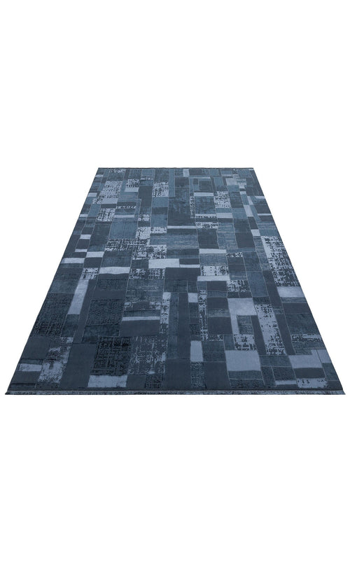 Blue Patchwork Area Rug - Machine Made Washable Non Slip Modern Carpet