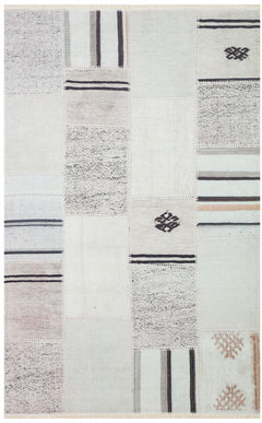 Patchwork Area Rug - Machine Made White Kilim Rug | Washable Non Slip Flatweave Carpet