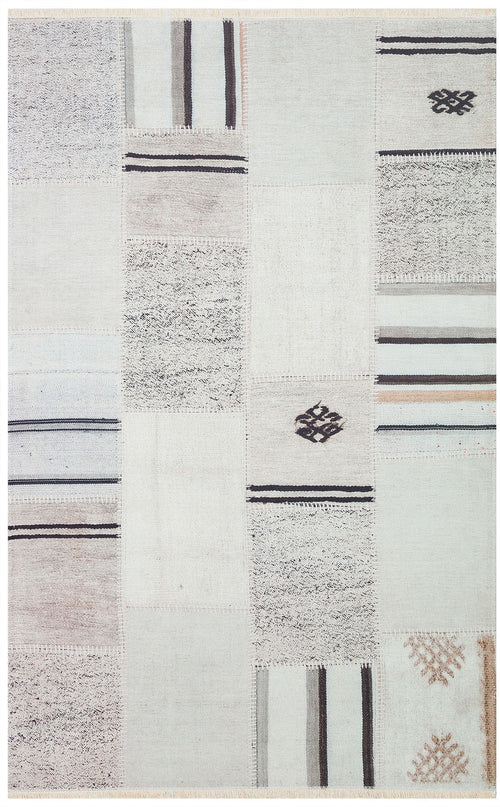 Patchwork Area Rug - Machine Made White Kilim Rug | Washable Non Slip Flatweave Carpet